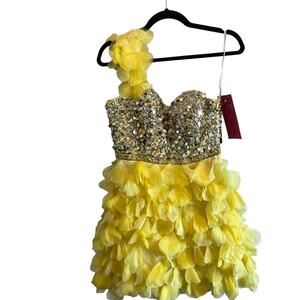 NWT Sherri Hill 6 Silk One Shoulder $330 Sequined Yellow Cocktail Mini Dress